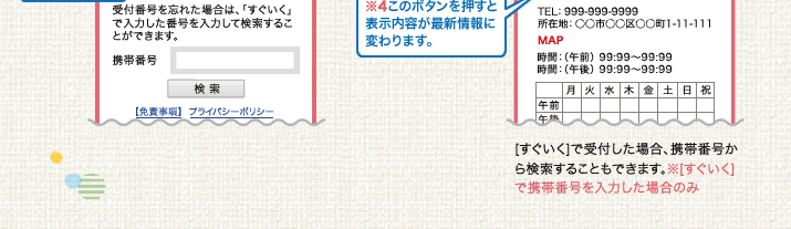 現在の待ち状況が表示されます。この画面は表示した時点の待ち状況です。最新情報を表示する為には、[最新情報]ボタン(※4)を押してください